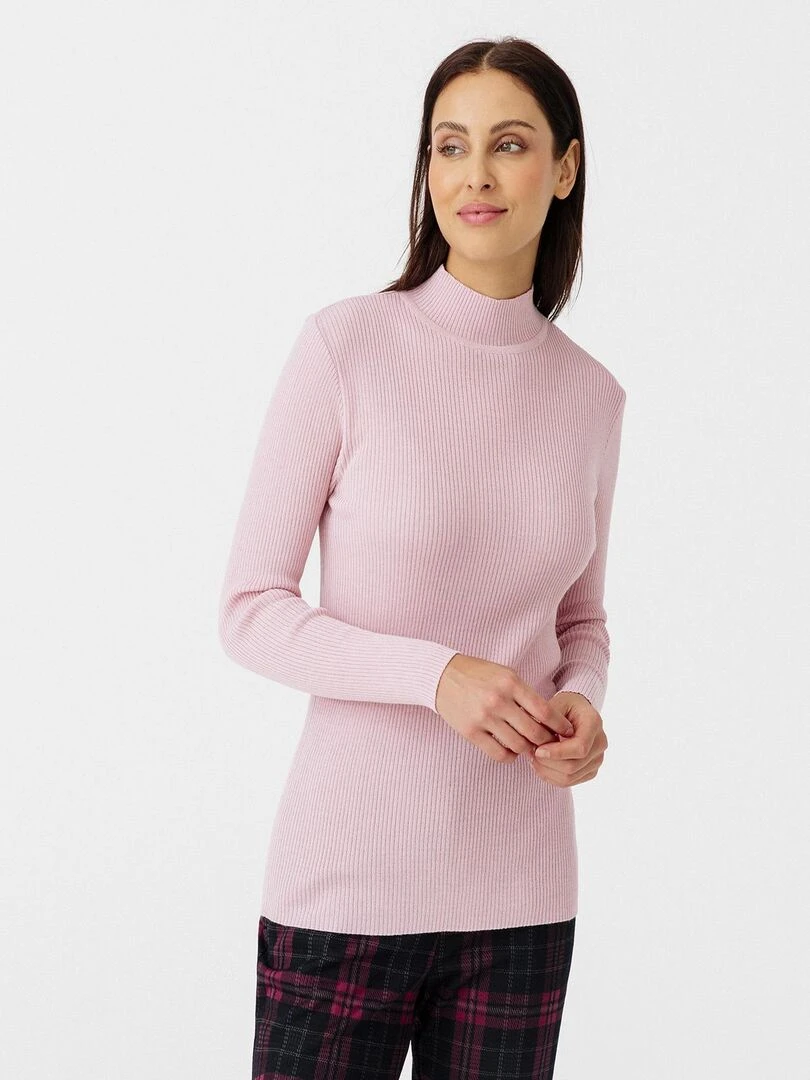 Pull col montant 50% laine mérinos uni et rayé Damart Rose