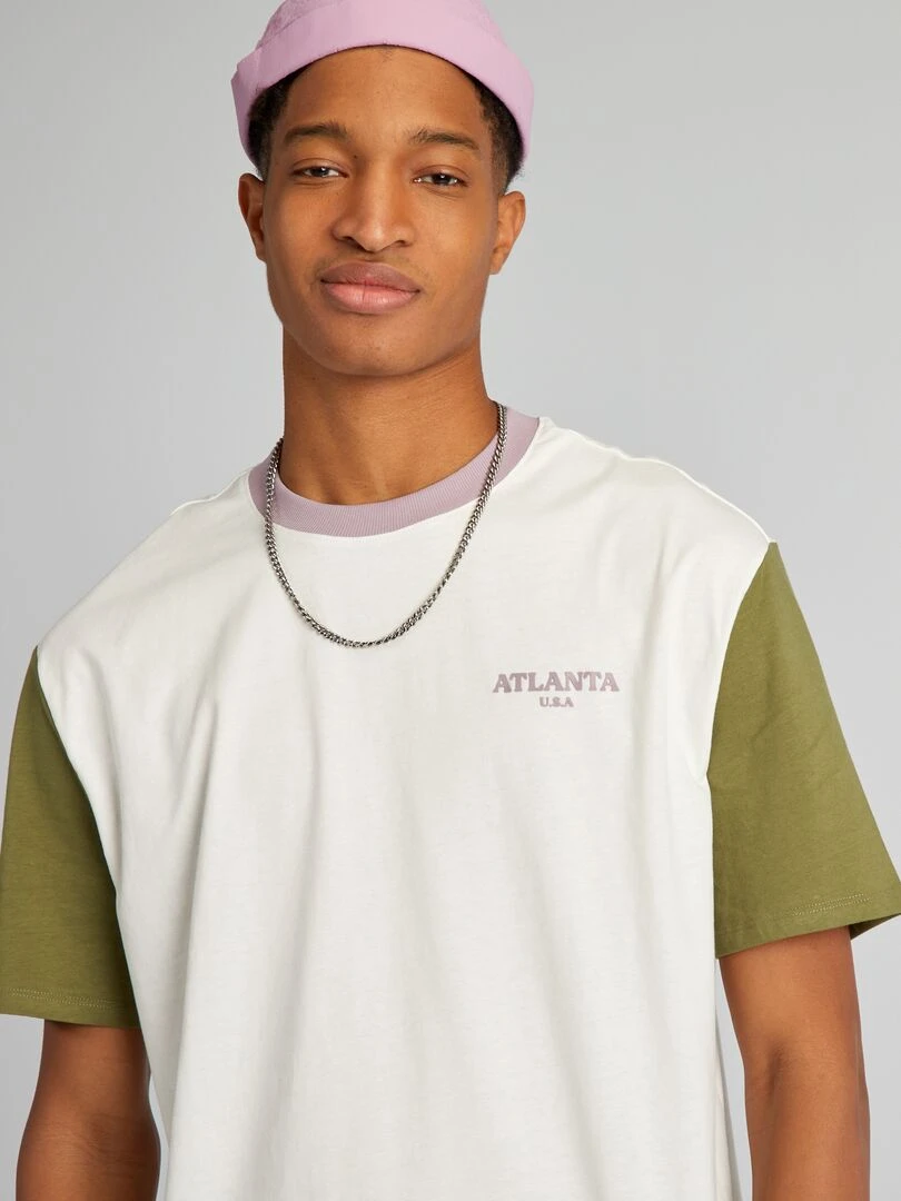 T shirt en coton color block à col rond + d'1m90 Vert/blanc