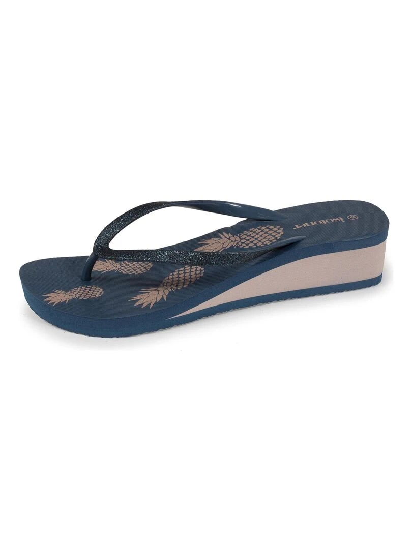 Tongs Femme imprimé ananas talon Pétrole Bleu