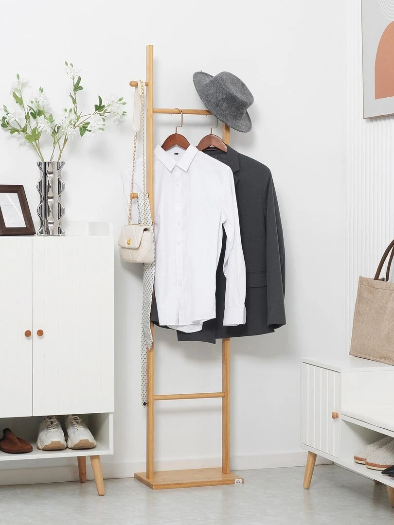 Penderie porte manteaux 3 barres 2 patères bois bambou Beige