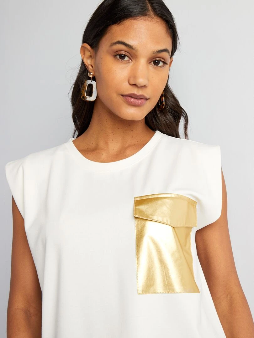 T shirt sans manches avec poche dorée   Blanc