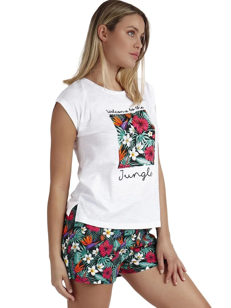 Pyjama short t shirt Welcome To The Jungle   Blanc