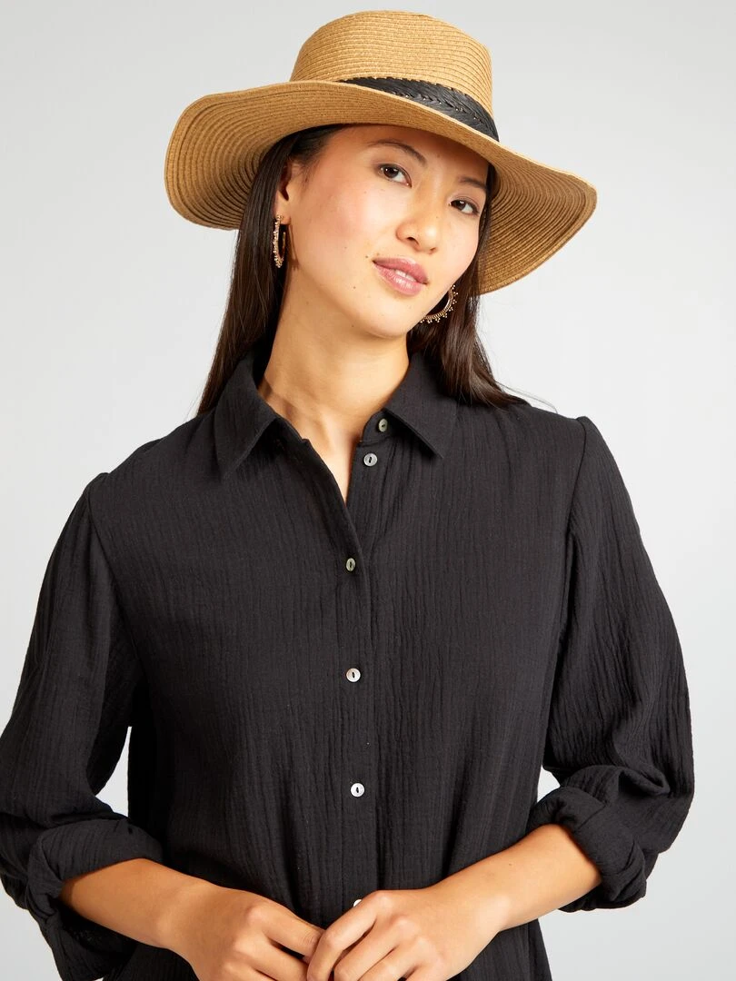Robe longue forme chemise en double gaze de coton noir