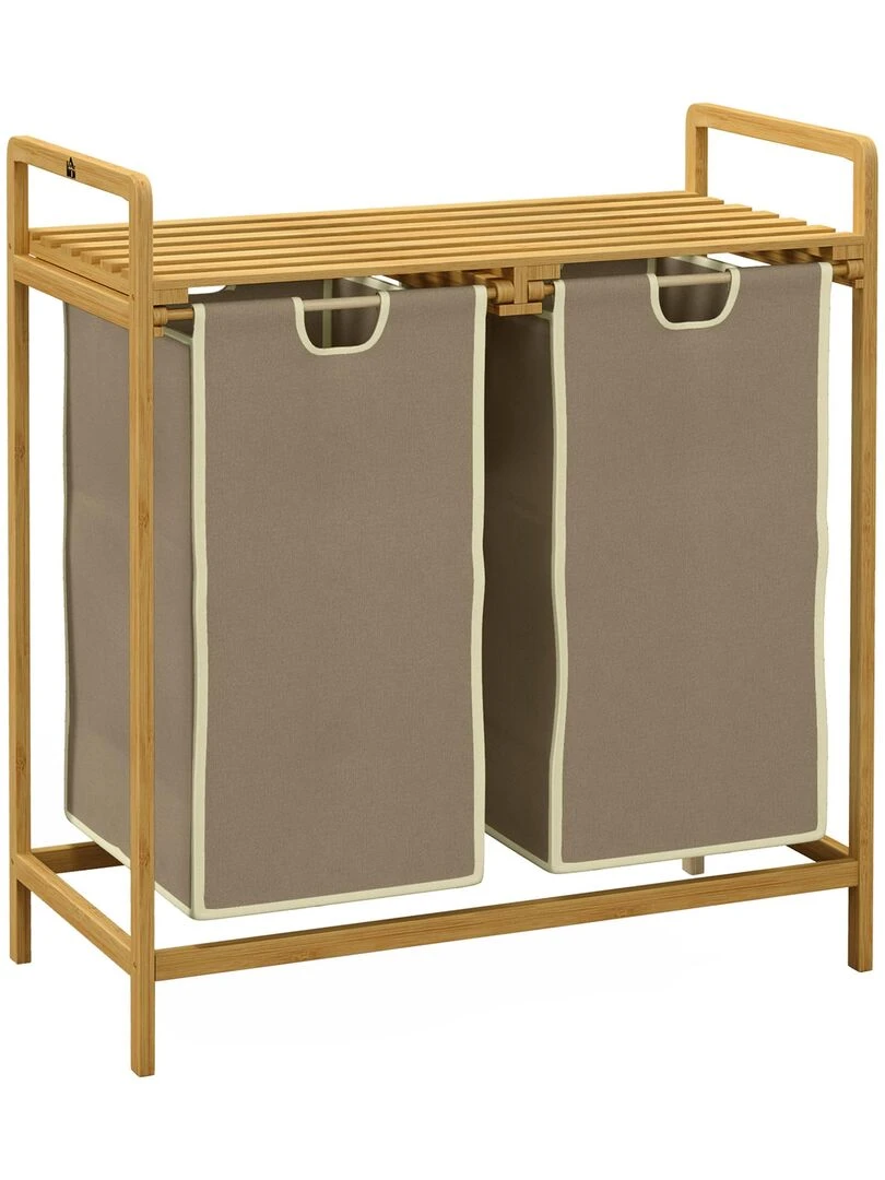 Panier à linge corbeille à linge bambou 2 paniers amovibles crème Beige/Blanc