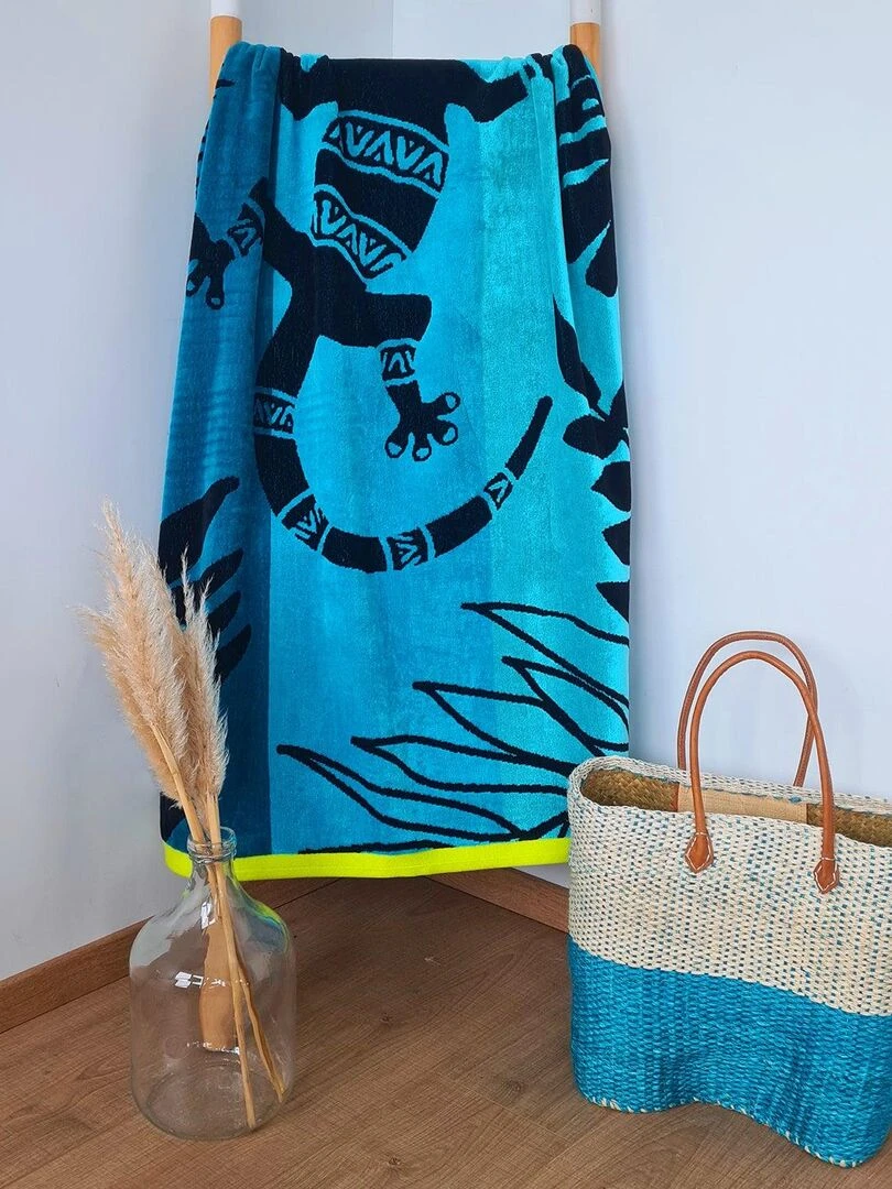 Serviette de plage éponge velours Jacquard Moki 90x170 400g/m² Bleu