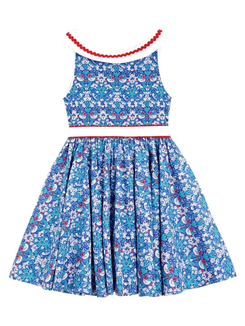 Robe Cérémonie Fille  Fleurie Bleu Rouge  Col Bat  HEPBURN   La Faute à Voltaire   Bleu