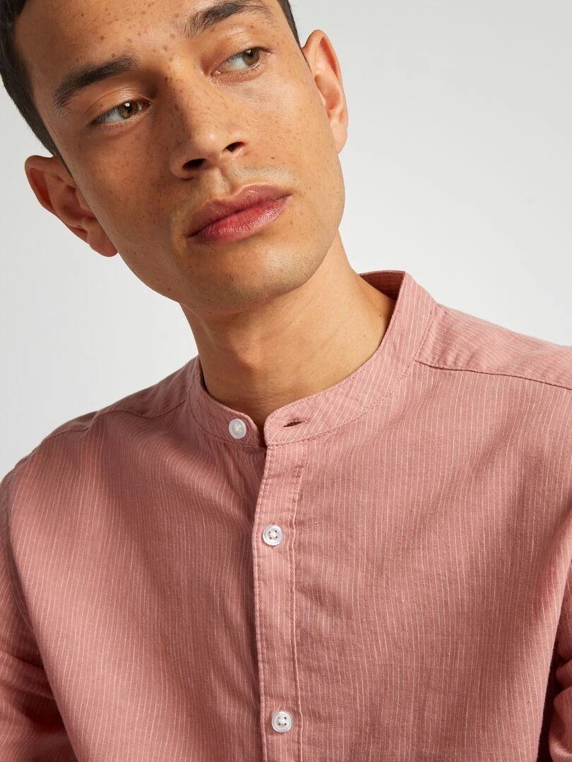 Chemise à col mao en lin mélangé   Rouge clair