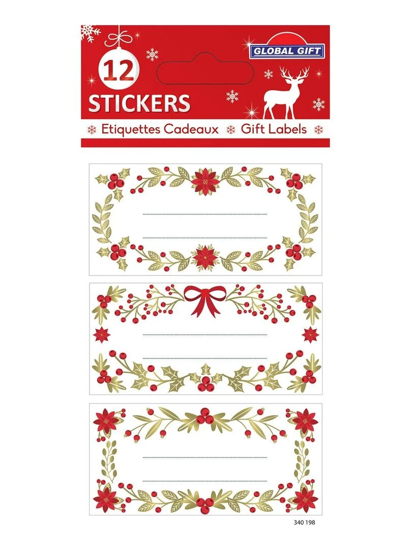 12 étiquettes adhésives de Noël Feuillage avec dorures N/A