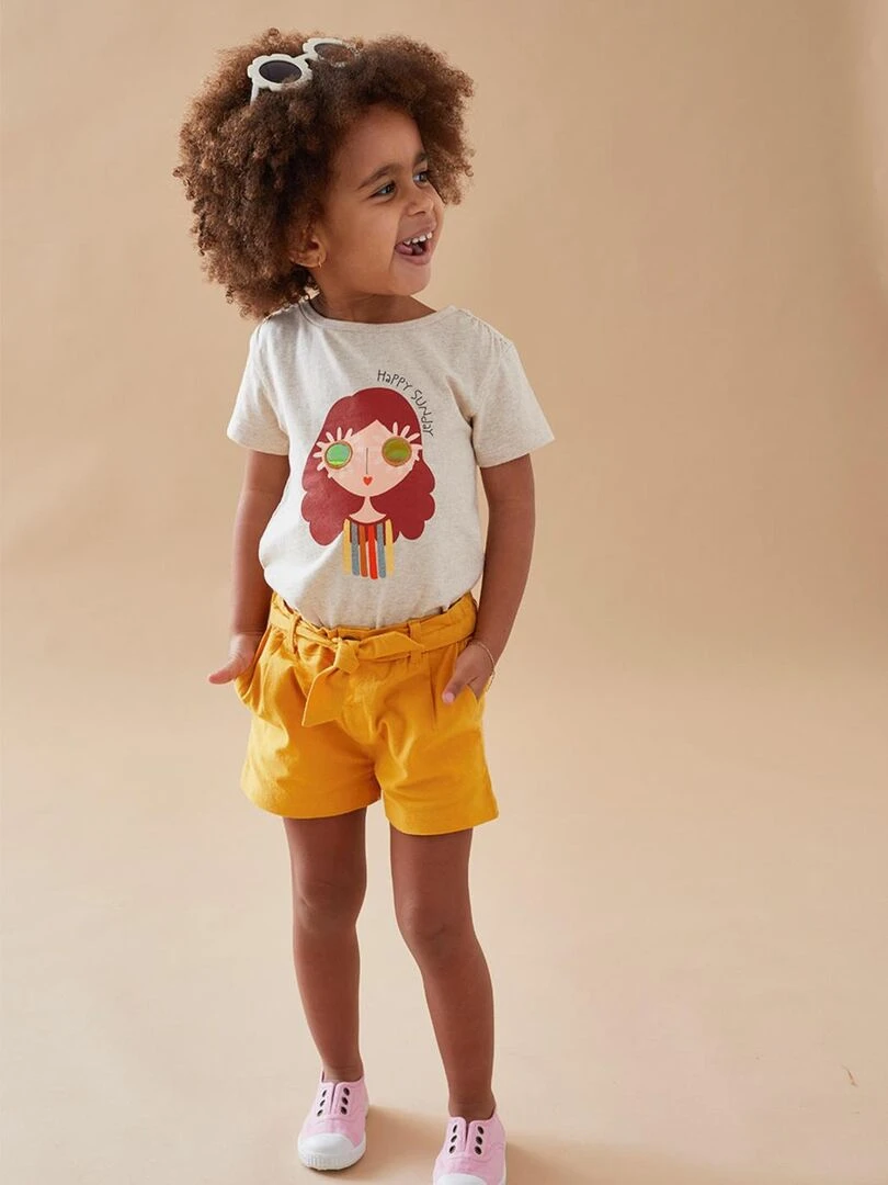 T shirt petite fille à courtes manches chiné Noukie's Beige