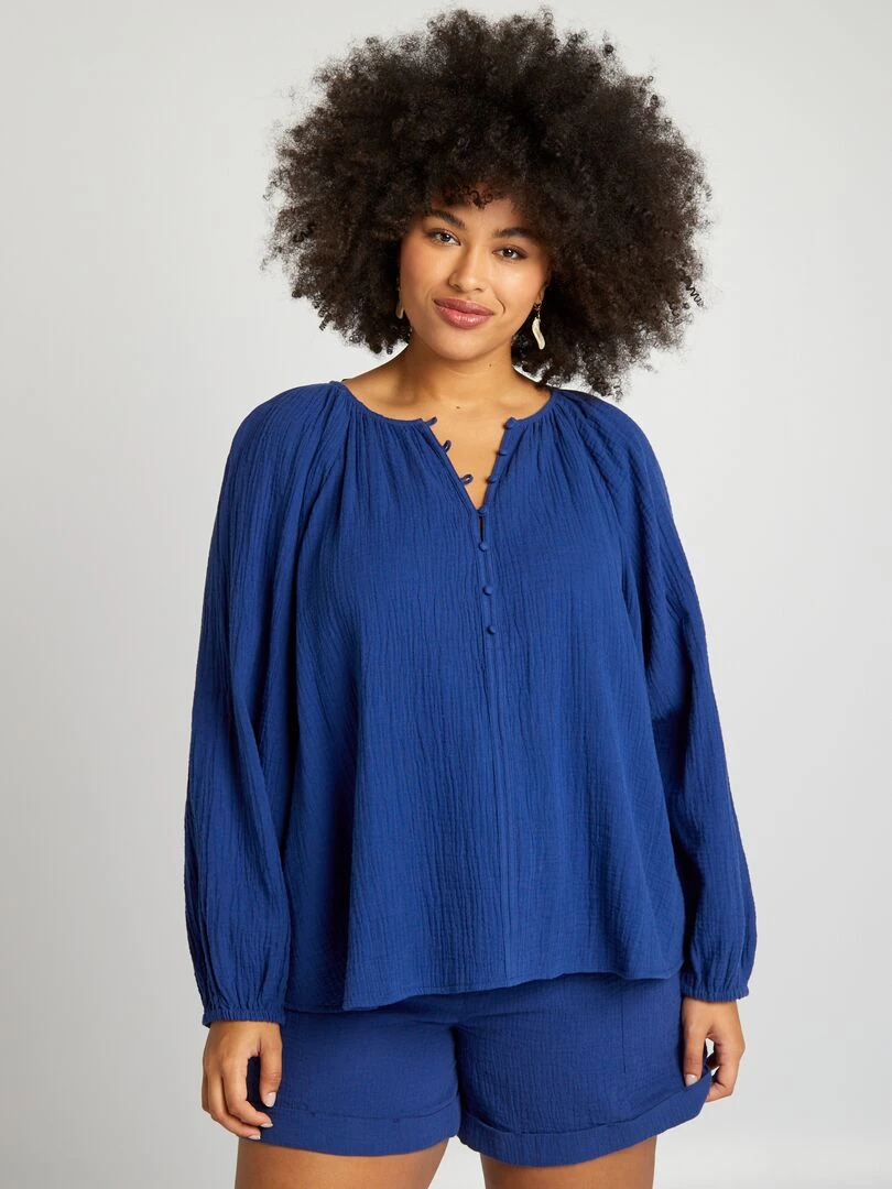 Blouse unie en gaze de coton   Bleu
