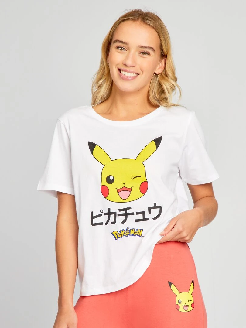Pyjama long imprimé 'Pokémon'   2 pièces   Blanc/orange