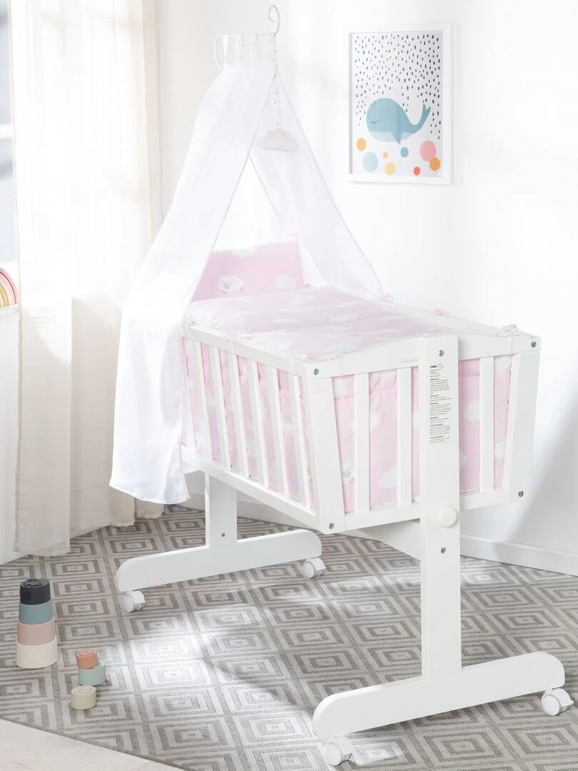ROBA Berceau Petit Nuage Rose 40x90 cm + Équipement Complet Bois Laqué Blanc Blanc