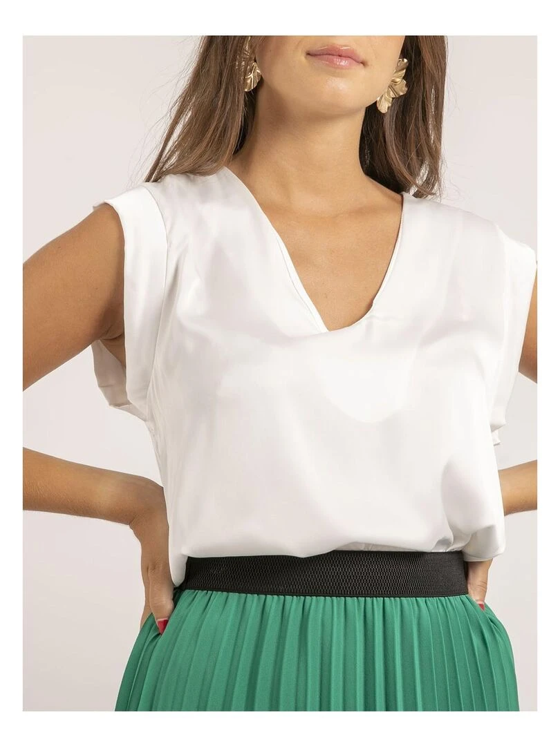 Top col V satin FIKA   Blanc