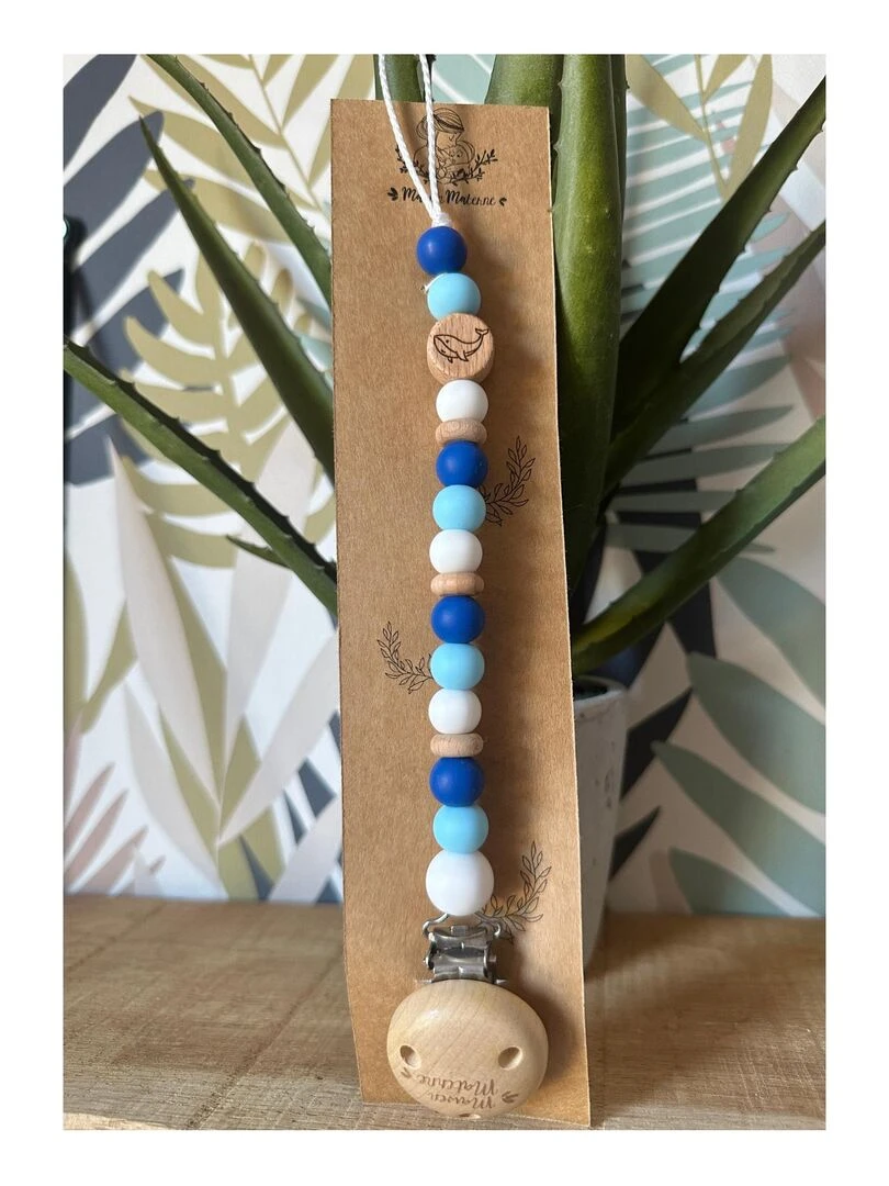 Attache tétine bois et silicone 'Baleine'   Bleu