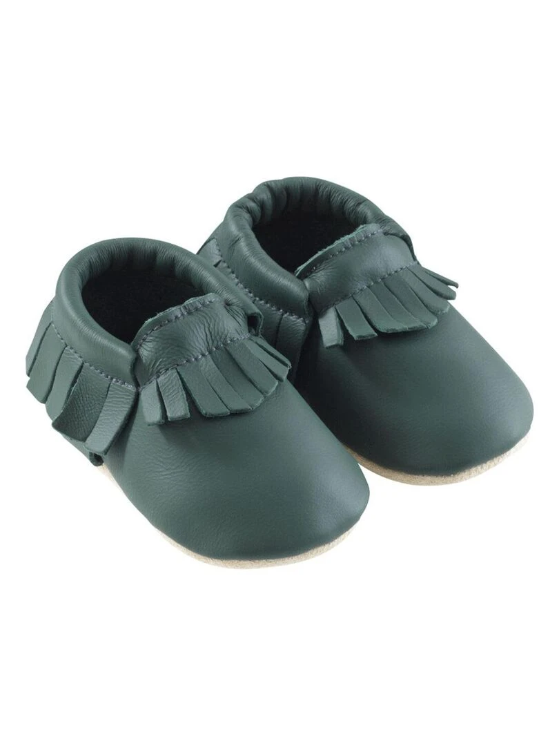 Chaussons cuir souple à franges vert bouteille Vert bouteille