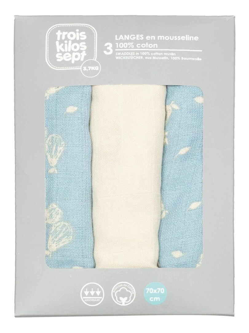 Lot de 3 langes 70x70 bébé Trois Kilos Sept   Bleu