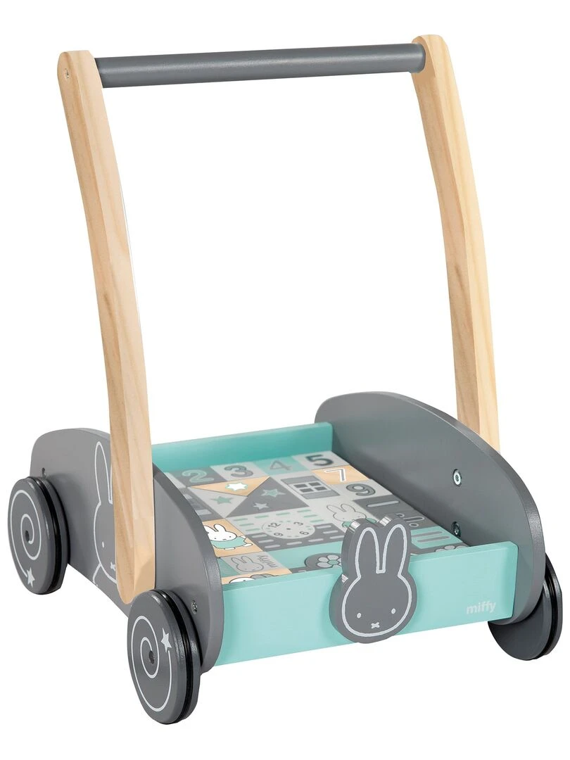 ROBA Trotteur Bébé "Miffy®" en Bois   avec Frein et Blocs de Construction   Dès 12 Mois   Gris Vert clair Blanc