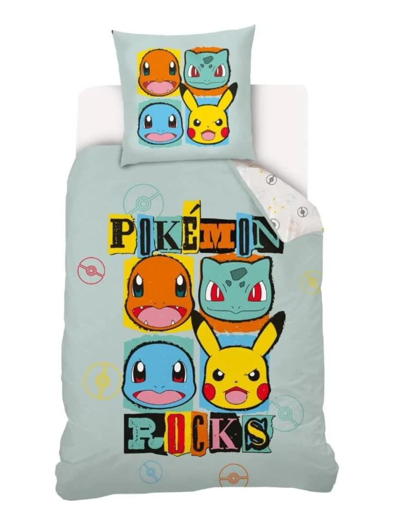 Housse de couette Pokemon Pikachu Rocks 140x200 cm 100% Coton Vert d'eau