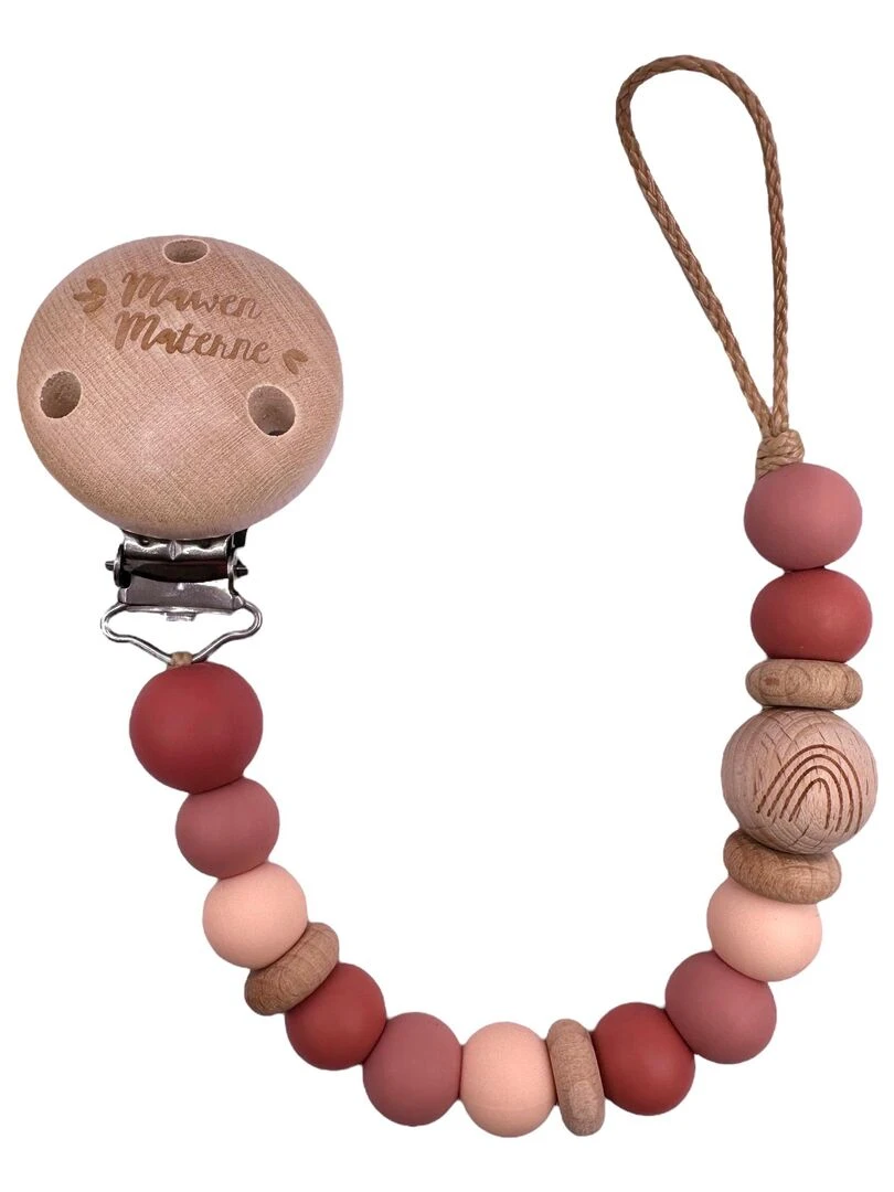 Attache tétine bois et silicone 'Arc en ciel rose' Rose