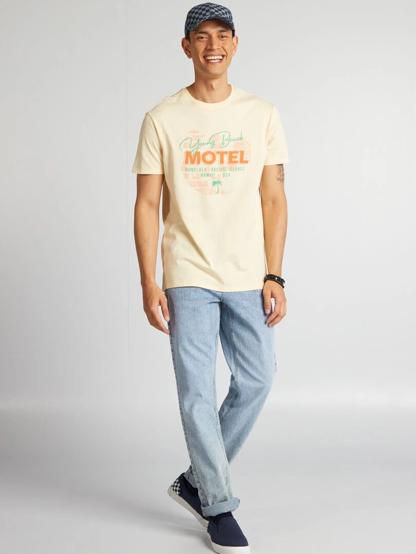T shirt en coton imprimé à col rond Beige 'Motel'