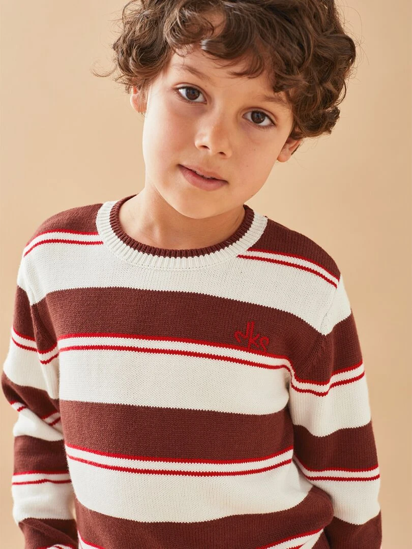 Pull tricot rayé brun chocolat/rouge Noukie's Beige