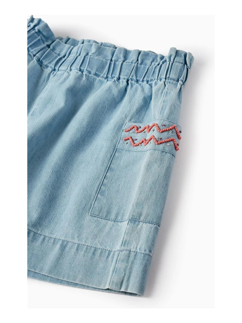 Shorts Paperbag en Denim de Coton avec Perles pour Fille  SICILIAN DAYS   Bleu