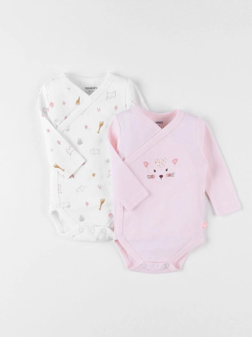 Set de 2 bodies léoparde en coton écru/rose clair Noukie's Blanc