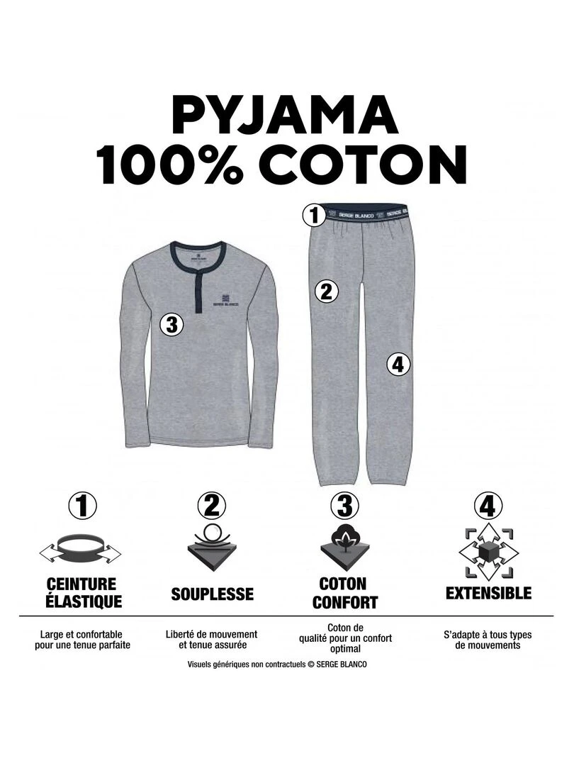 Ensemble pyjama long homme t shirt col tunisien Serge Blanco Gris