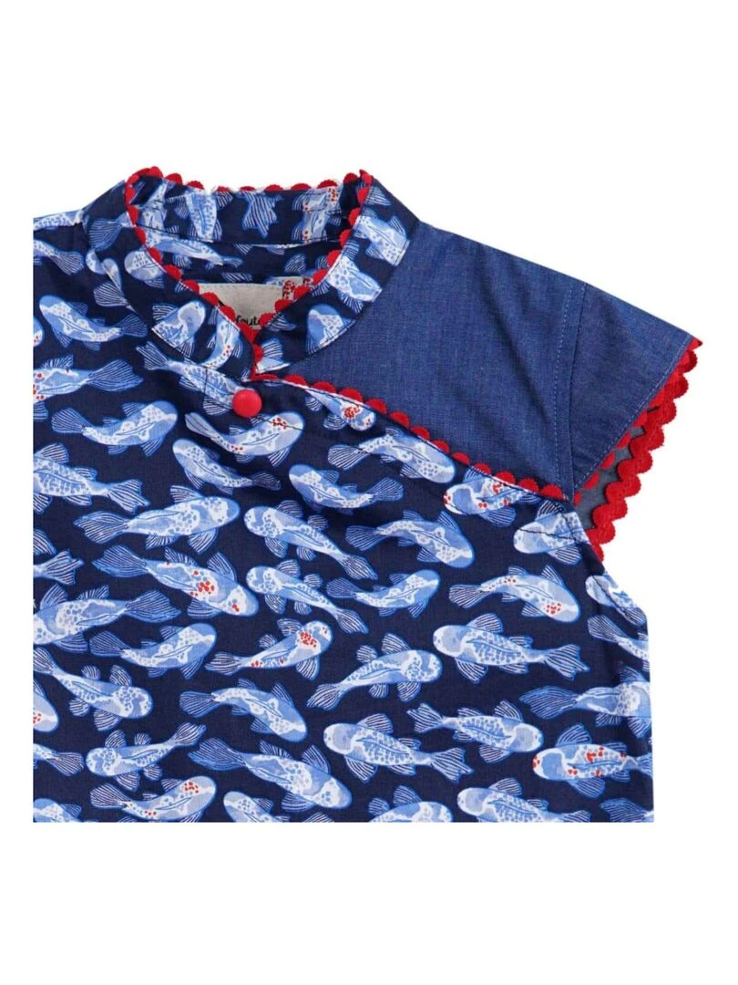 Blouse chinoise poissons khoi ANNAM 'LA FAUTE A VOLTAIRE' Bleu