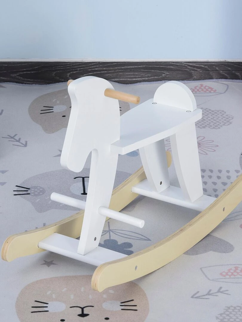 Cheval à bascule en bois poignées repose pied butées blanc bois naturel   Blanc