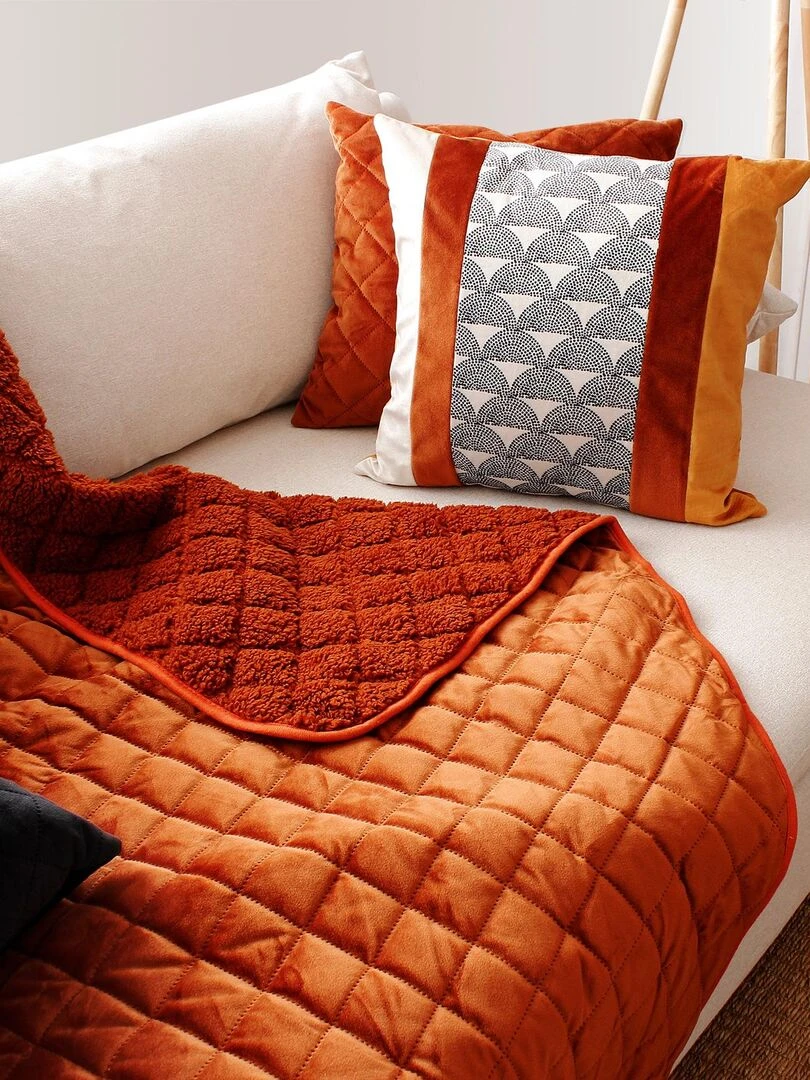 Plaid en velours et sherpa   Marron tabac