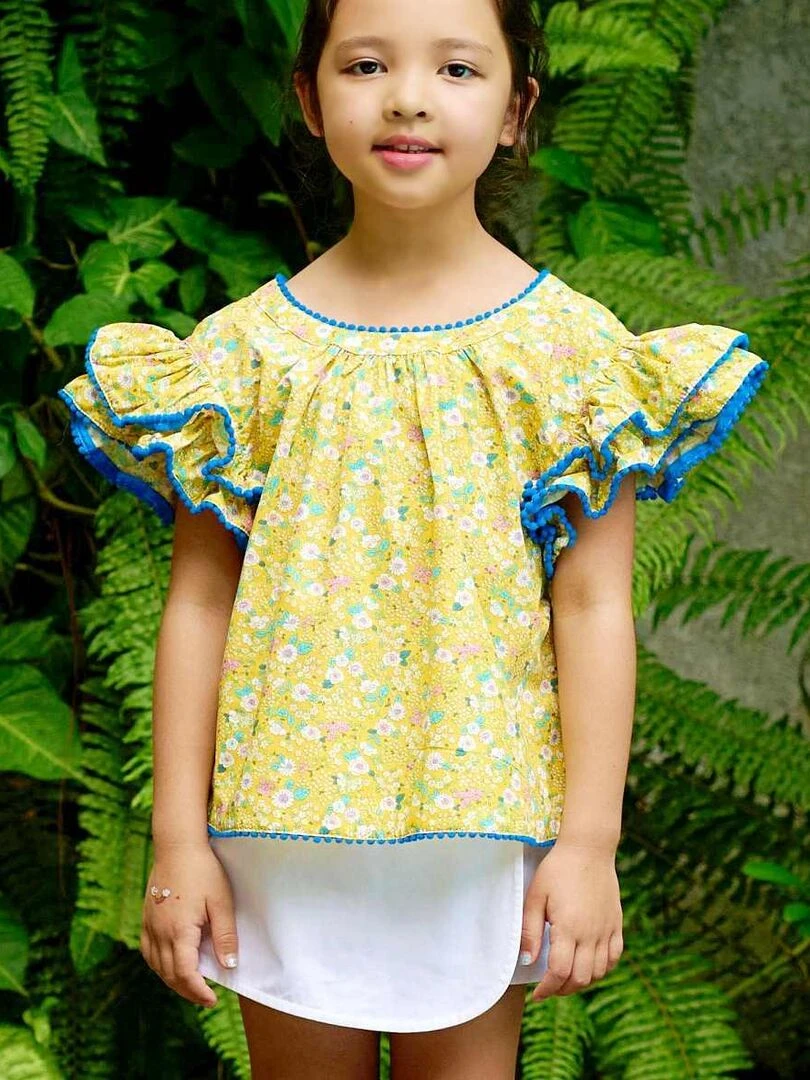 Blouse Fleurie Fille Jaune Bleu Manches Papillons BUTTERFLY 'LA FAUTE A VOLTAIRE' Jaune