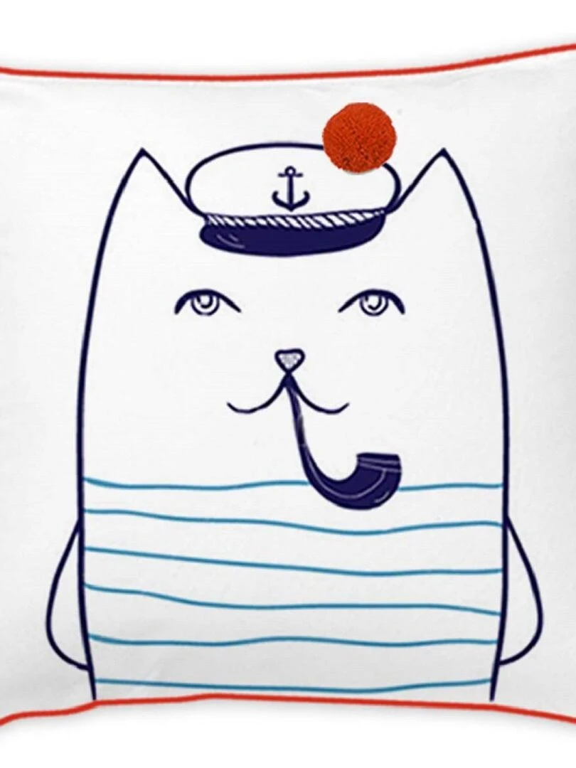 Future Home Coussin coton blanc avec chat marin 40x40cm Blanc