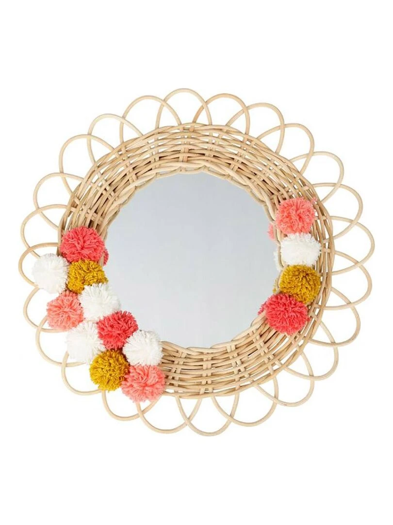 Miroir rond rotin pompons naturel D37 Beige