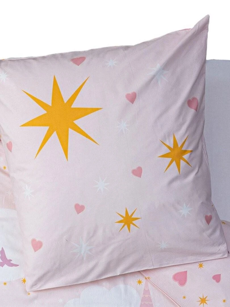 Housse de couette enfant 140x200 Château + taie coton 57 fils   Rose