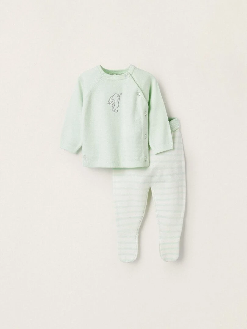Manteau + Pantalon en Maille avec Pieds pour Nouveau Né 'Lapin' EARLY BLOOM Bleu clair