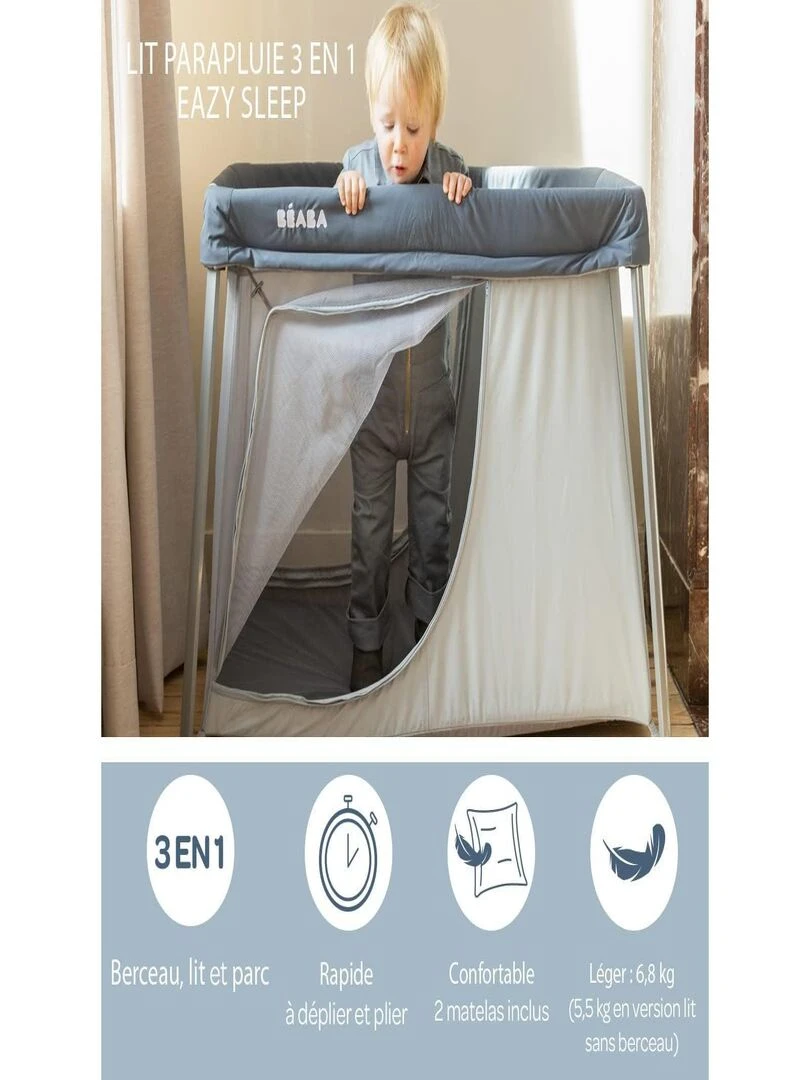 Lit parapluie 3 en 1 Eazy sleep Gris minéral Bleu