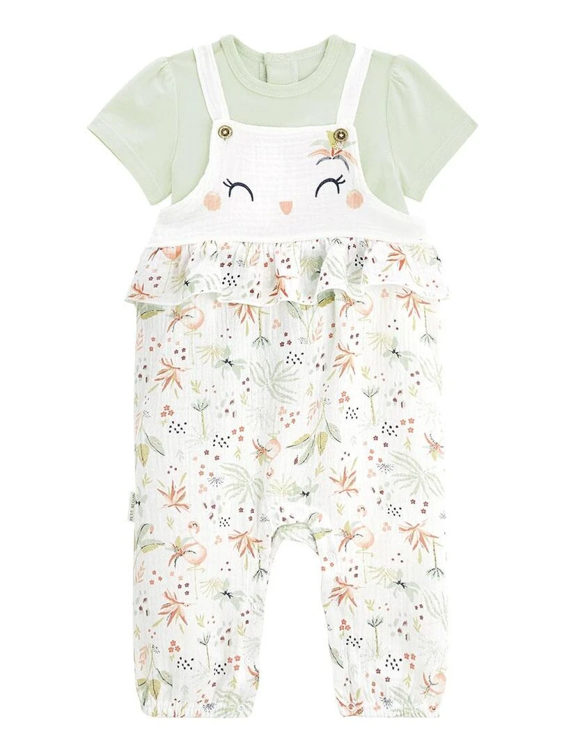 Ensemble salopette bébé en gaze de coton et t shirt Petit Paradis Vert
