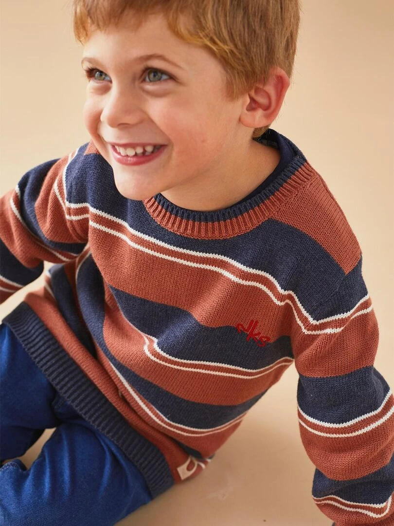 Pull tricot rayé marine/caramel Noukie's Marron