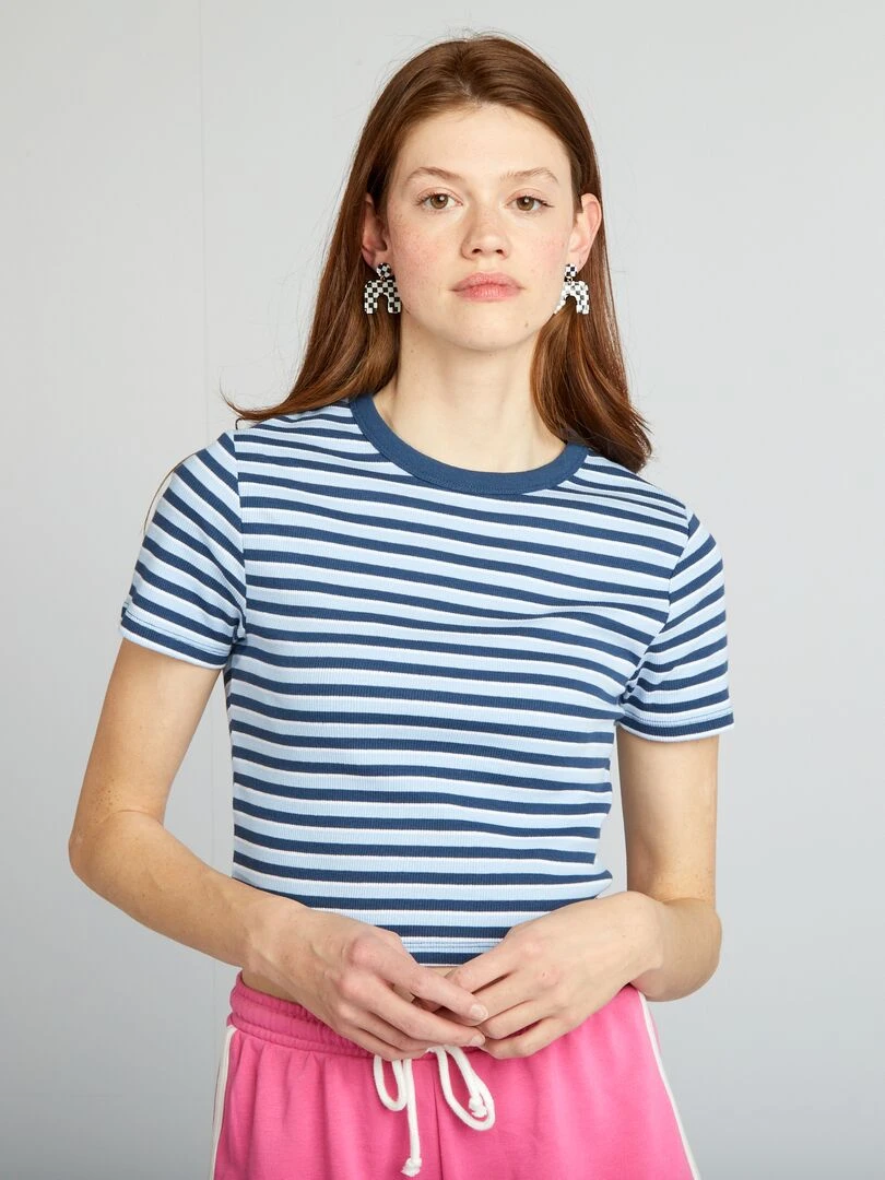 Tee shirt crop top marinière Bleu rayé