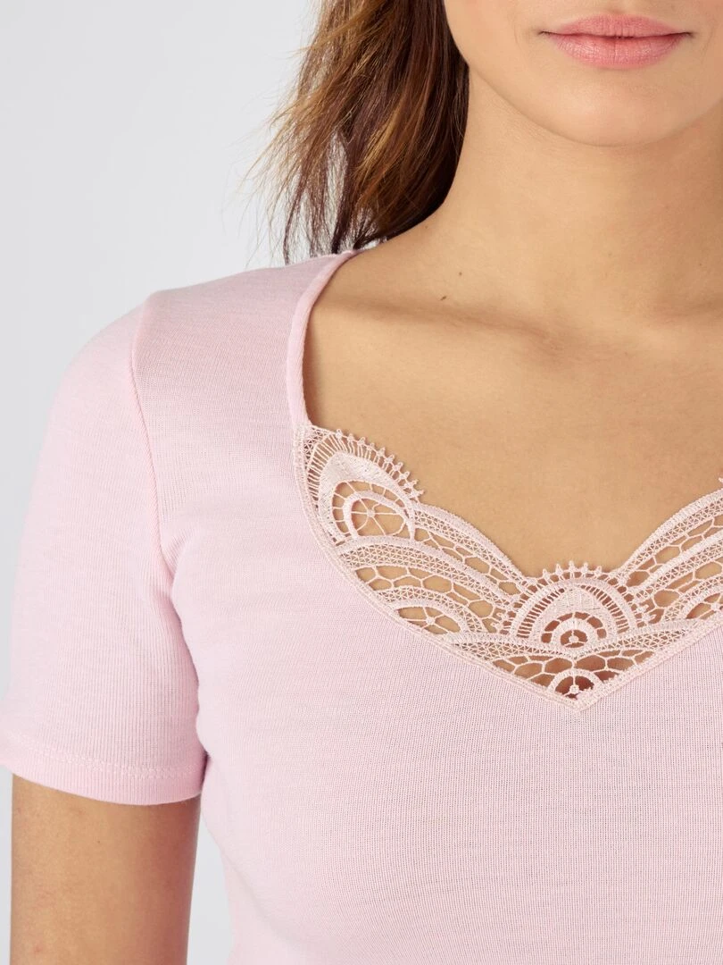 T shirt manches courtes fine côte guipure Thermolactyl Damart Mauve lilas