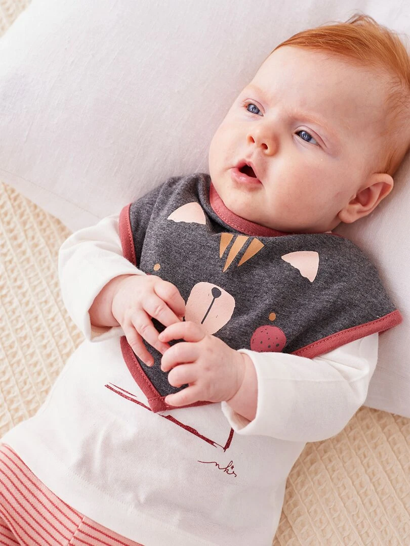Set de 2 bavoirs bandana en coton et écru/rose Gris