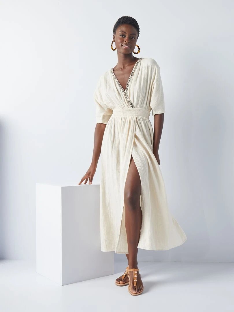 Robe longue en gaze de coton tressée   Beige