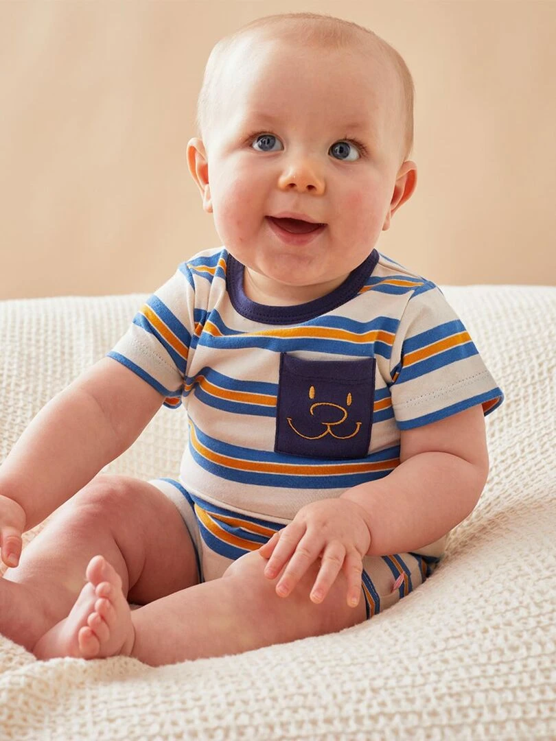 Pyjama combishort rayé en coton marine/écru Noukie's Bleu