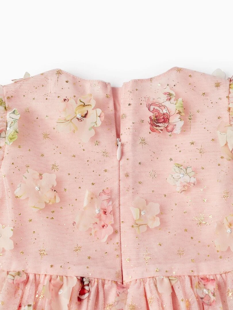 Robe en Tulle avec Fleurs pour Bébé Fille manches courtes CÉRÉMONIE   Rose
