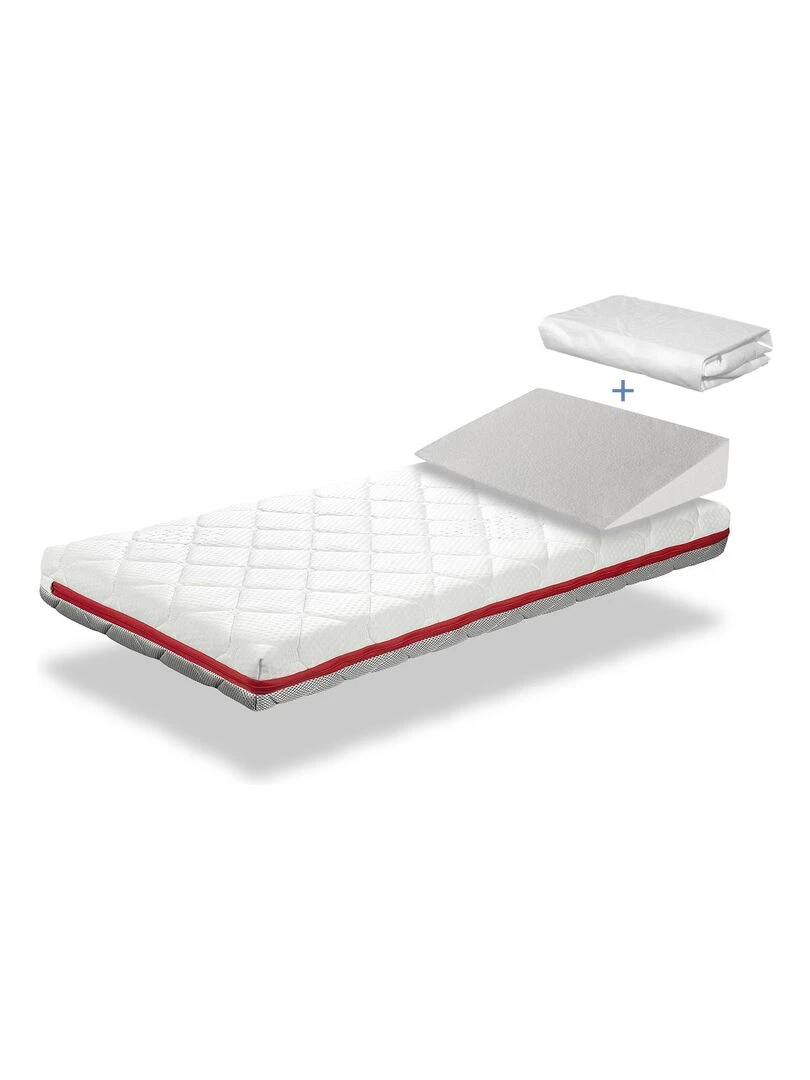 Pack matelas DUO BABY épaisseur 11 cm + plan incliné 15º + protège matelas Blanc Rouge
