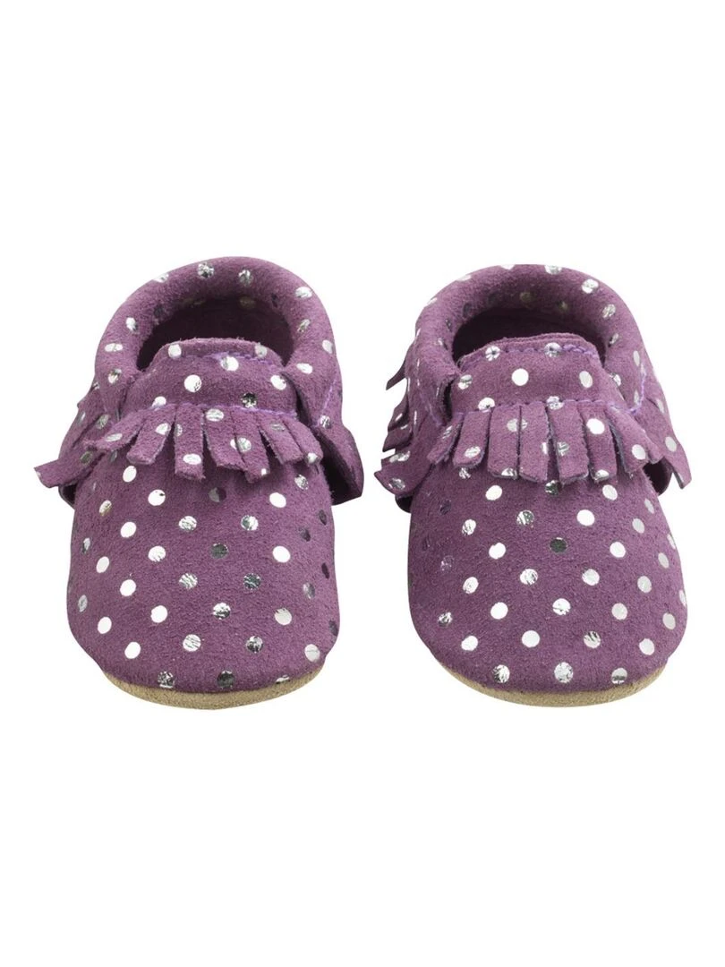 Chaussons cuir souple à franges prune à pois Violet prune