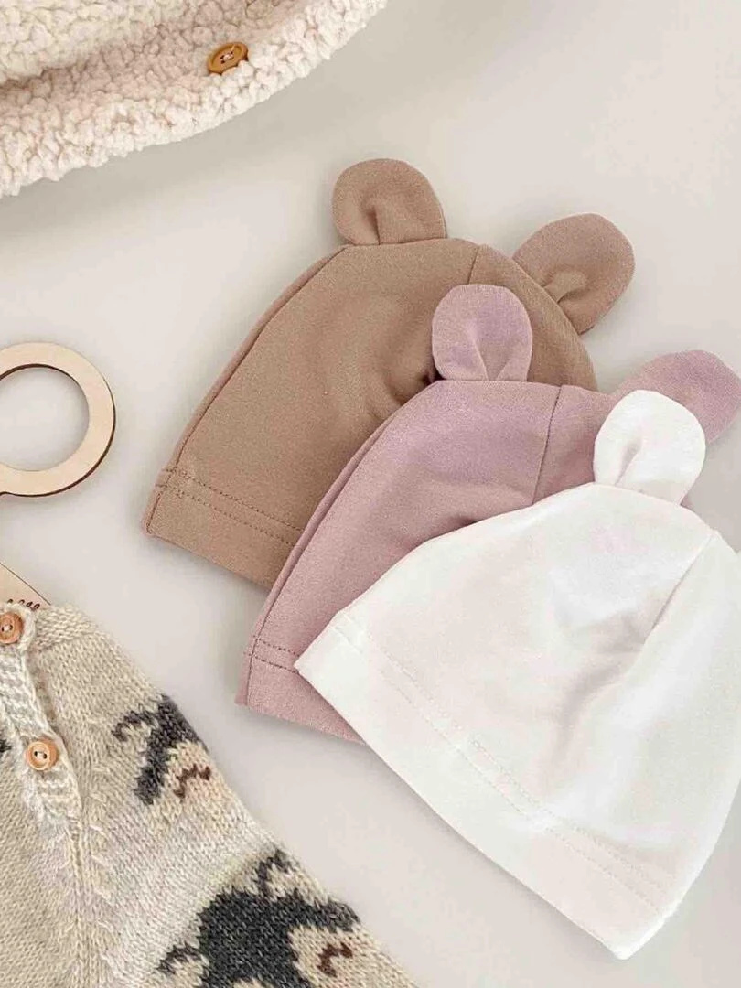 Bonnet ourson bébé en bambou  Uni   Rose clair