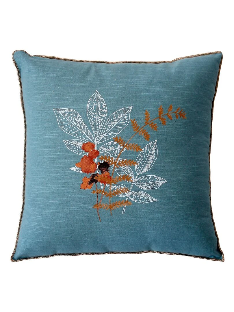Coussin bourdonné et fleurs aquarellées Bleu azur