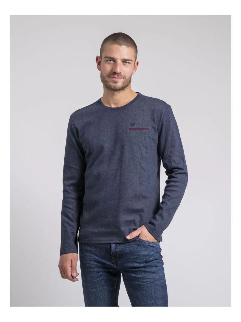 T shirt manches longues col rond pur coton JABOUTIX Bleu marine